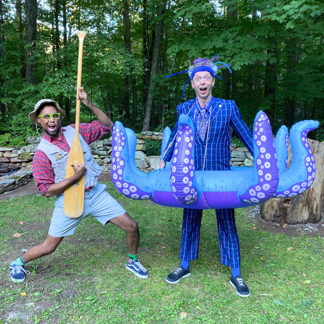 Two Healthy Humor performers clowning outdoors at The Hole in the Wall Gang Camp.