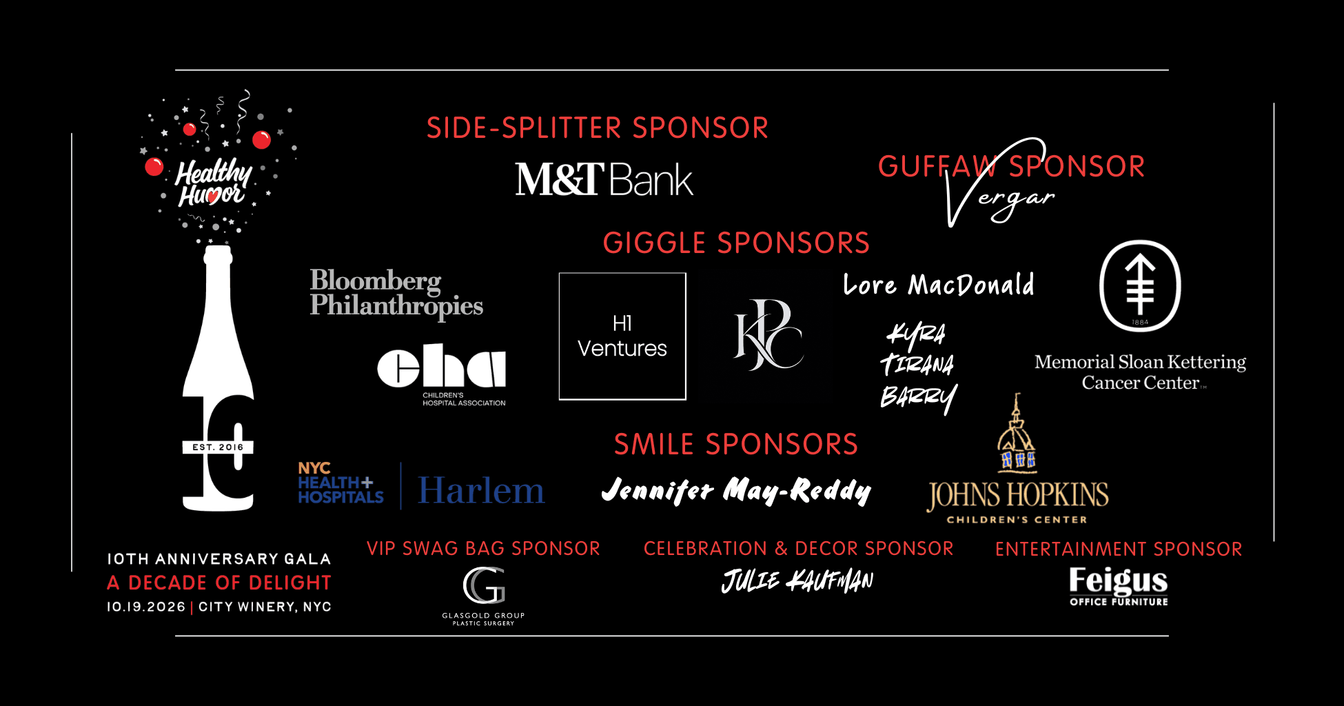 A Decade of Delight sponsors: M&T Bank; Vergar; Bloomberg Philanthropies, Children&rsquo;s Hospital Association, H1 Ventures, KPC, Lore MacDonald, Kyra Tirana Barry, Memorial Sloan Kettering Cancer Center; NYC Health + Hospitals Harlem, Jennifer May-Reddy, Johns Hopkins Children&rsquo;s Center; Glasgold Group Plastic Surgery; Julie Kaufman; Feigus Office Furniture.
