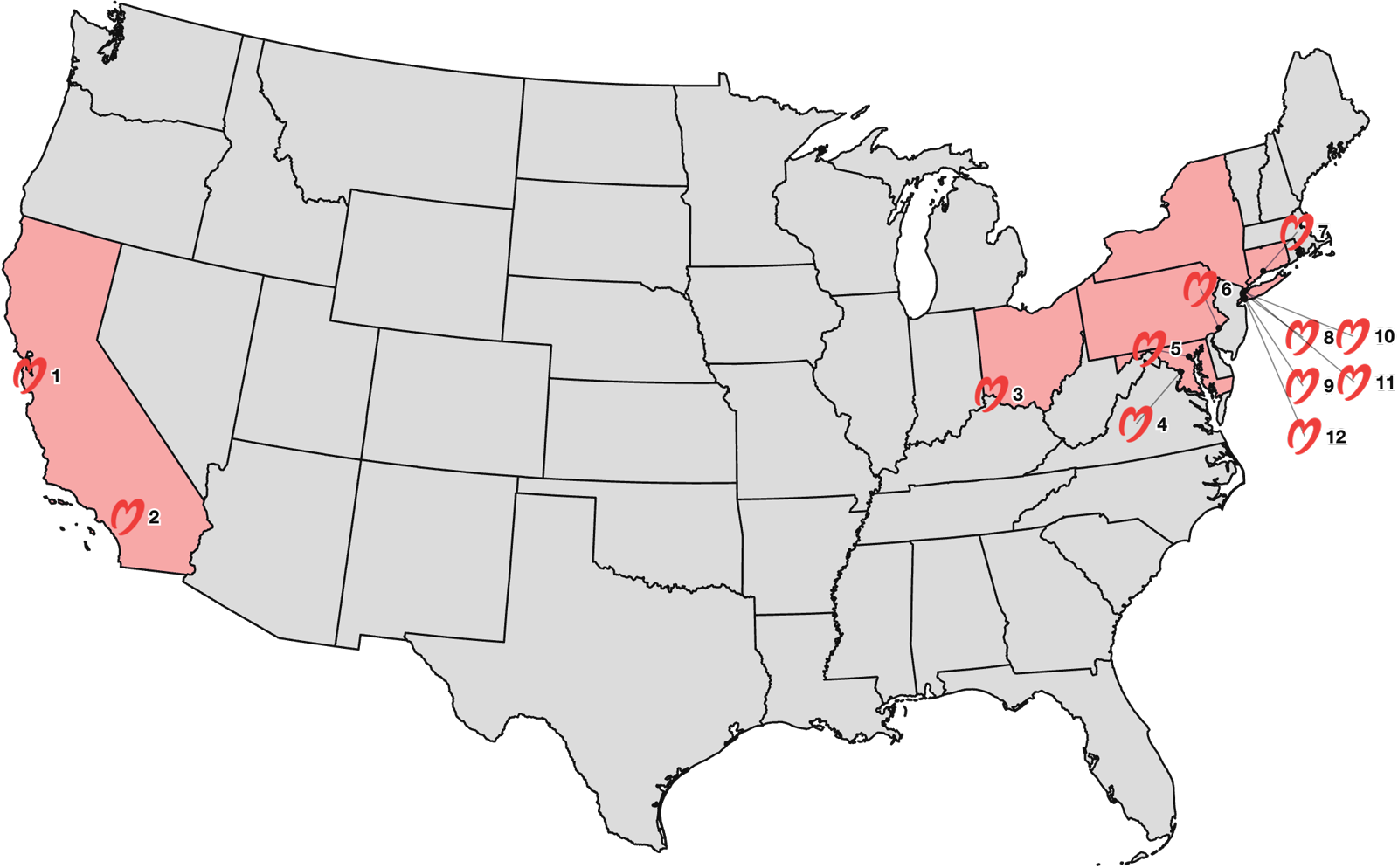 Map of the United States with Healthy Humor&rsquo;s twelve partner hospitals marked by numbered hearts, from Palo Alto and Loma Linda in California east to Cincinnati, Washington, Baltimore, Philadelphia, New York and New Haven.